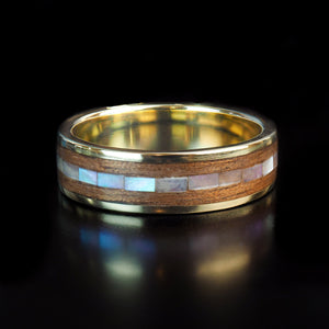 Handcrafted Queensland Walnut Wooden Ring inlaid with Mother of Pearl in a Gold Liner