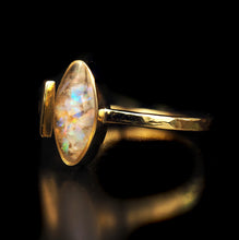 Load image into Gallery viewer, Yellow Gold Cremation Ring with Crushed Lightning Ridge Opal and Ashes.