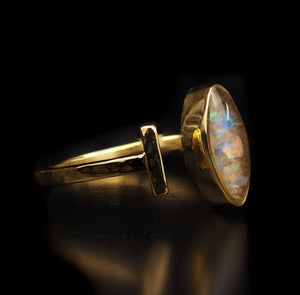 Yellow Gold Cremation Ring with Crushed Lightning Ridge Opal and Ashes.