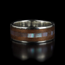 Load image into Gallery viewer, Handcrafted Queensland Walnut Wooden Ring inlaid with Mother of Pearl in a Metal Liner