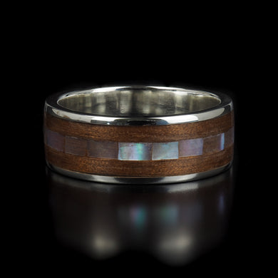 Handcrafted Queensland Walnut Wooden Ring inlaid with Mother of Pearl in a Sterling Silver Liner