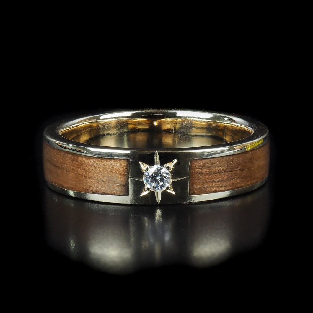 Handcrafted Walnut Wood Ring with a 8 point Star set Diamond