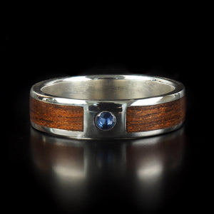 Handcrafted Red Cedar Wood Ring with a Flush set Sapphire