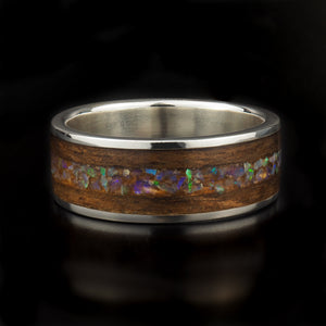 Handcrafted Queensland Walnut Wooden Ring with Mintabie Opal chips